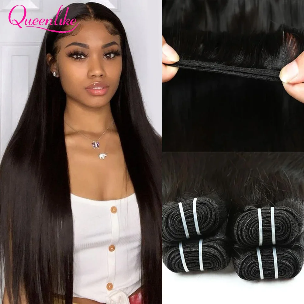 Queenlike-Pacotes duplos desenhados, 100% Pacotes de cabelo humano com fechamento, cabelo liso cru, 4x4 Lace Closures, 15A