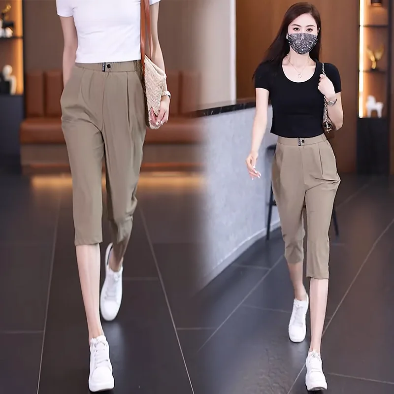 

Ice Silk Quick-Drying Cropped Pants Women's Popular Hot-Selling Product Breathable Comfortable Casual Pants High Waist Slimming