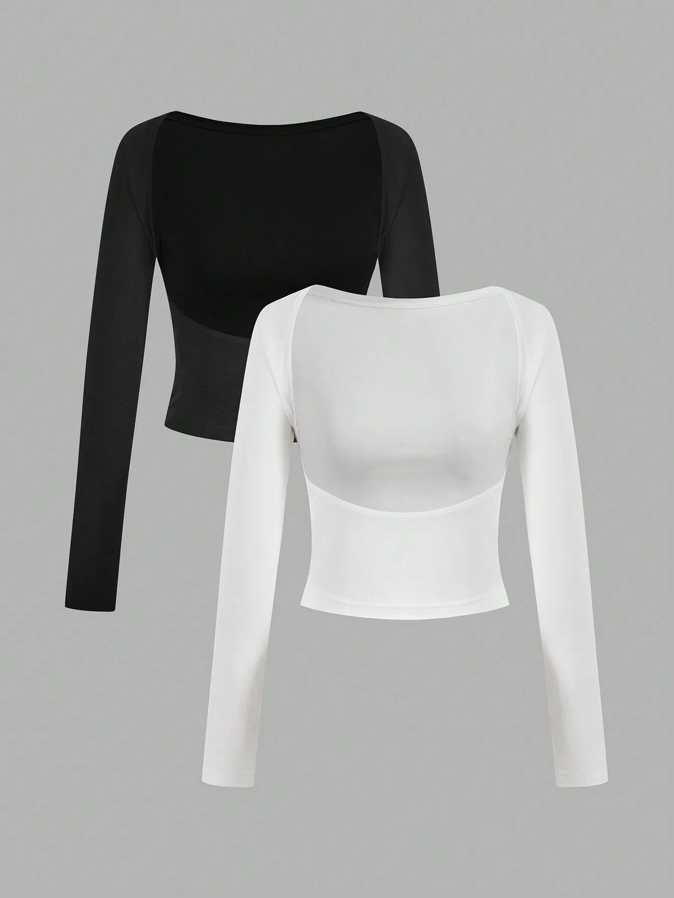 

2pcs Women's Backless Long Sleeve Cropped Fitted T-Shirts, Spring Autumn Casual Top