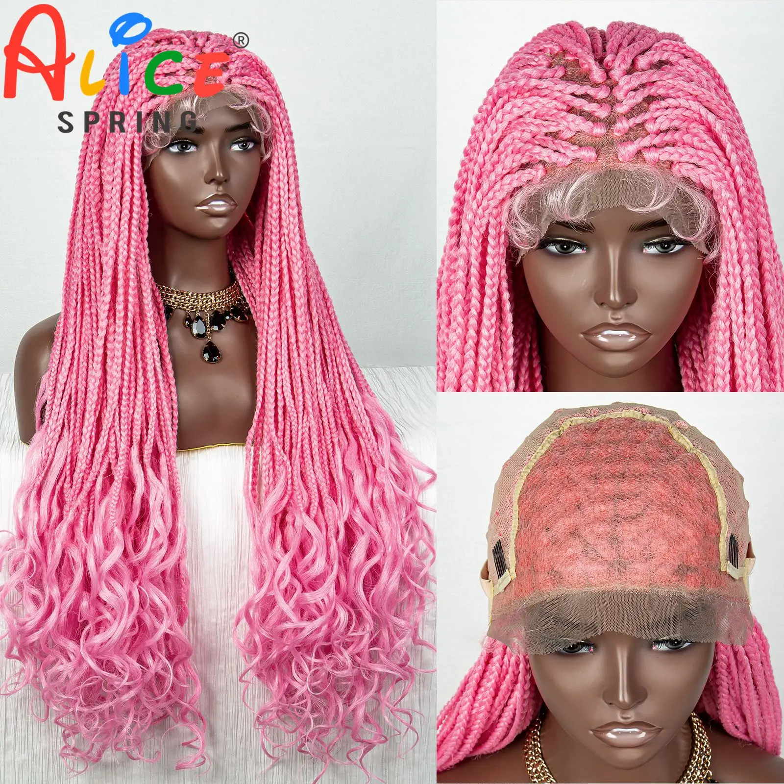 36 Inches Pink Synthetic Braided Lace Front Wig Crochet Braid Lace Wig with Baby Hair for Black Women Knotless Box Braiding Hair