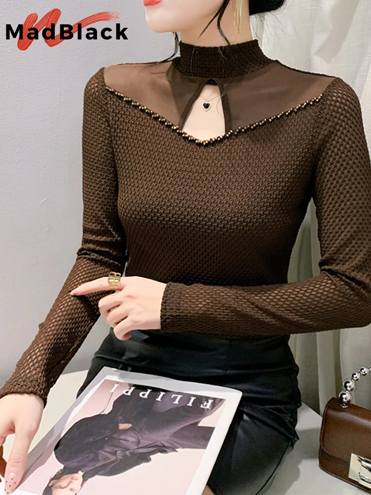 

MadBlack European Clothes Tshirt Women Mock Necks Diamonds Sexy Hollow Out Slim Mesh Tops Long Sleeve Tees Winter T3N111JD