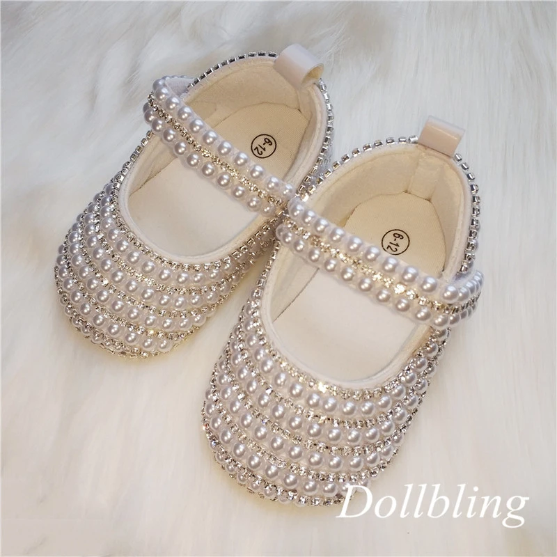 Dollbling Princess Girl Off-white Pearls Ordinal Rhinestone Comfortable Soft Cotton Inner Hook and Loop Toddler Crib Shoes