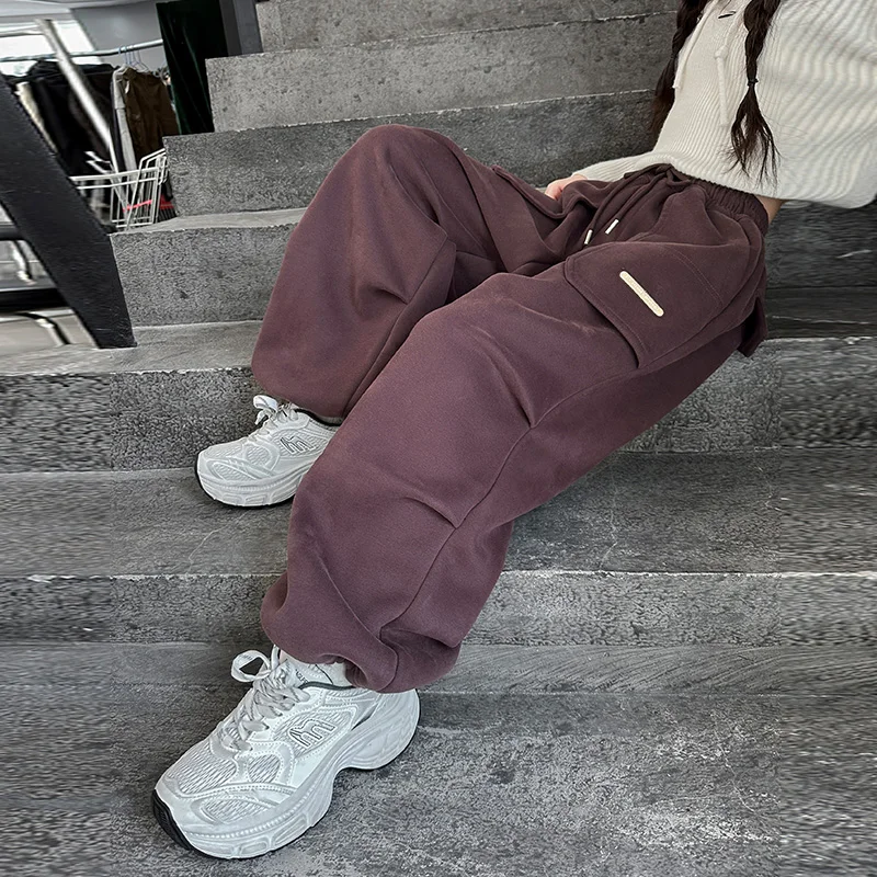 Girls Fleece Lined Sports Pants Straight Leg Autumn Winter Children Cargo Trousers Kids Fashion Outerwear Bottoms Ages 4-14Y