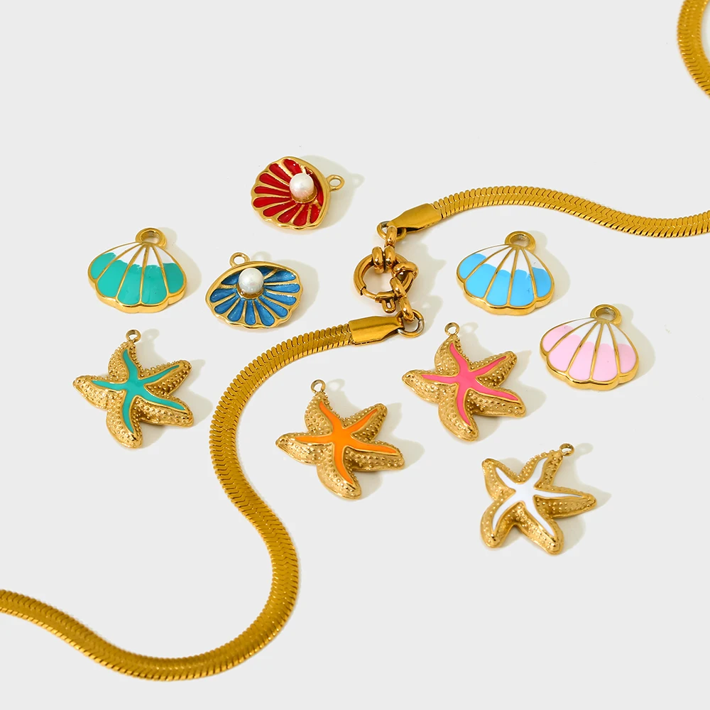 Summer Beach Colorful Enamel Charms Shell Starfish Conch Pendants for DIY Jewelry Making Accessories