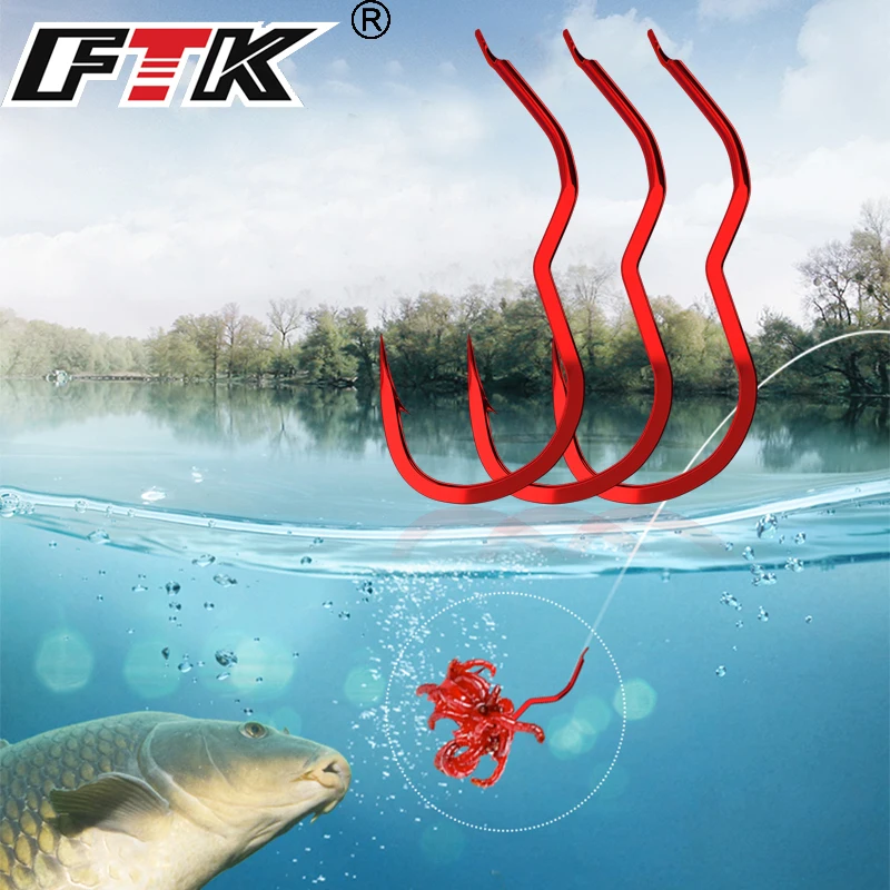 FTK New Design Red Fishing Hook With Line Automatic Flip Linehook Double Sharp Barbed Fishhook for Carp Fishing Accessories Good