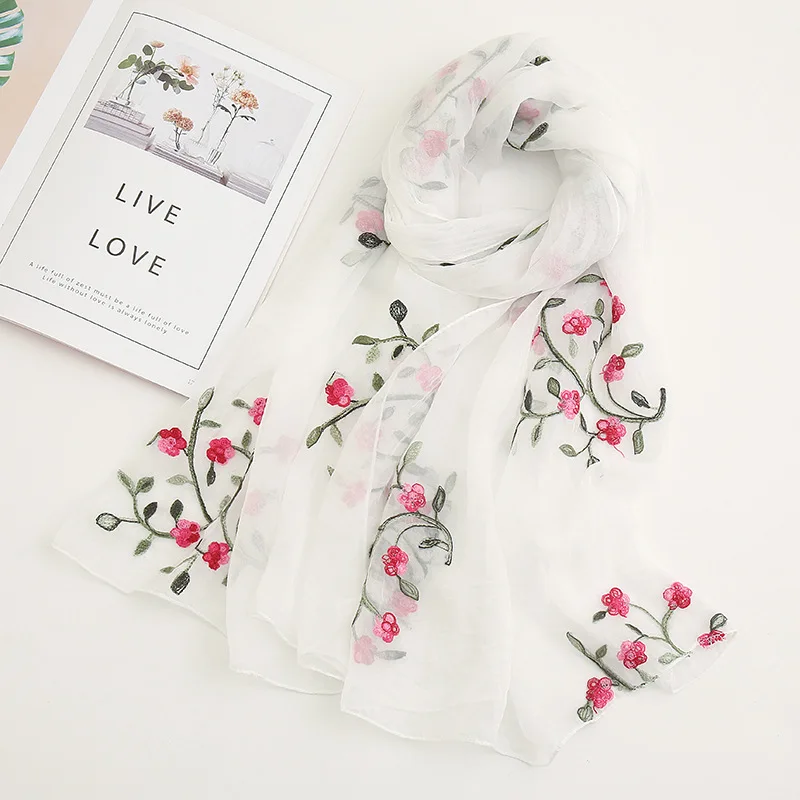 Chinese Style Embroidered Chiffon Hijab Scarf for Muslim Women – Peach Blossom Design, Elegant Long Wrap 2