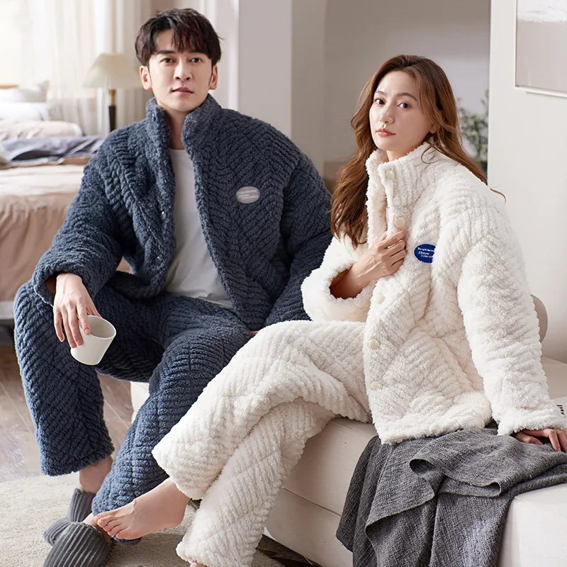 Three Layers Thicken Winter Warm Pajamas Set for Couple Pajamas Men and Women Coral Fleece Sleepwear Pyjama Sets Nightwear Suit