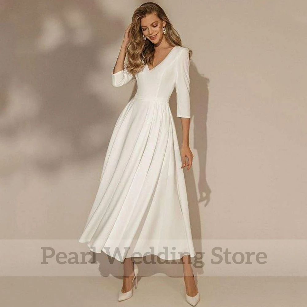 Robe de Mariée Simple à Col en V Trois Quarts, avec Ceinture, Ligne A, Mi-mollet, sur Mesure, Fermeture Éclair, pour les Patients