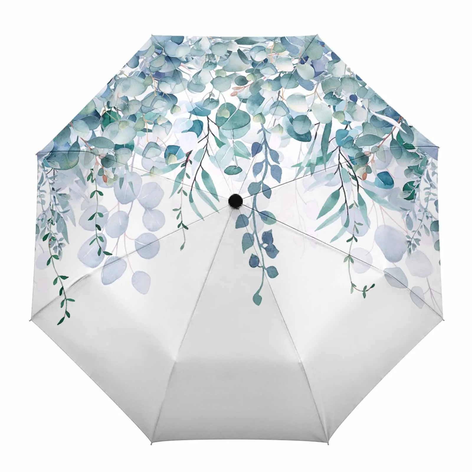 Hand-Painted Eucalyptus Leaves Flower Automatic Umbrella for Rain Foldable Parasol Umbrella Eight strand Outdoor Umbrellas