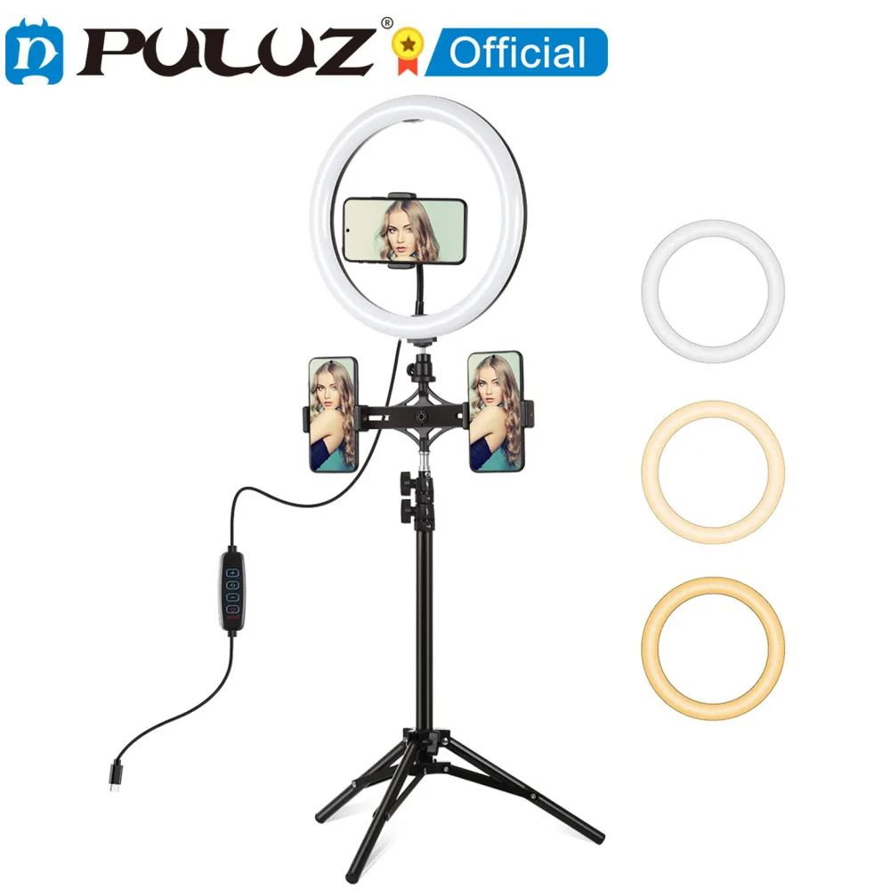 PULUZ 11.8 inch 30cm Light + 1.1m Tripod Mount + Dual Phone Brackets Type-C LED Ring Vlogging Video Light Live Broadcast Kits