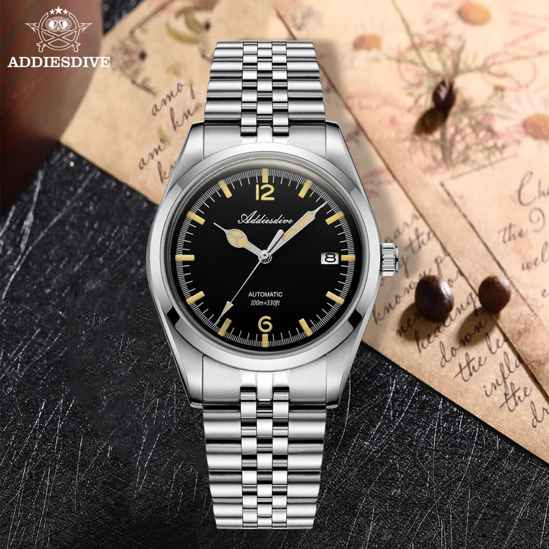 ADDIESDIVE 39mm Men Automatic Watch 100m Waterproof Stainless Steel Luminous Watches Bubble Mirror NH35 Men‘s Vintage Watch