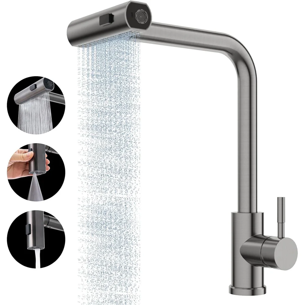 ก๊อกน้ํา 304 สแตนเลสสตีลเดี่ยวจับดึงหมุนน้ําตก Stream Sprayer Countertop Mount ห้องครัวห้องน้ํา