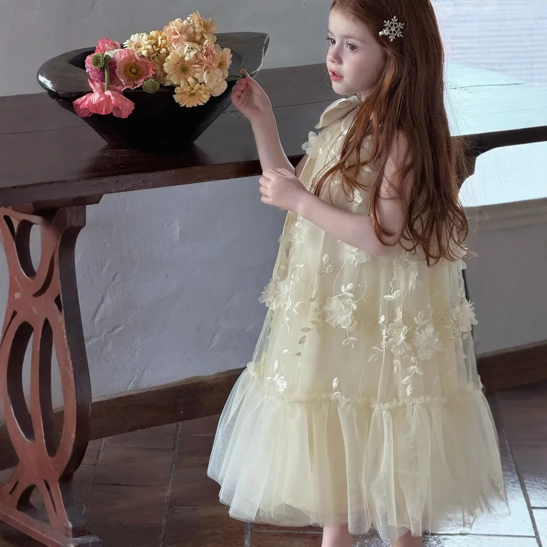 2025 Summer New Girls Three Dimensional Flower Splicing Mesh Lace Dress Korean Butterfly Knot Sleeveless Princess Dress