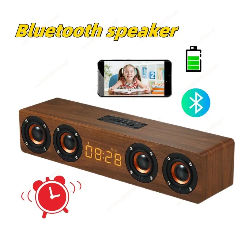 powerful Bluetooth Speakers Wooden Digital Clock caixa de som TV BT Sound Box Heavy Bass 3D Stereo Surround Sound Bar FM Radio