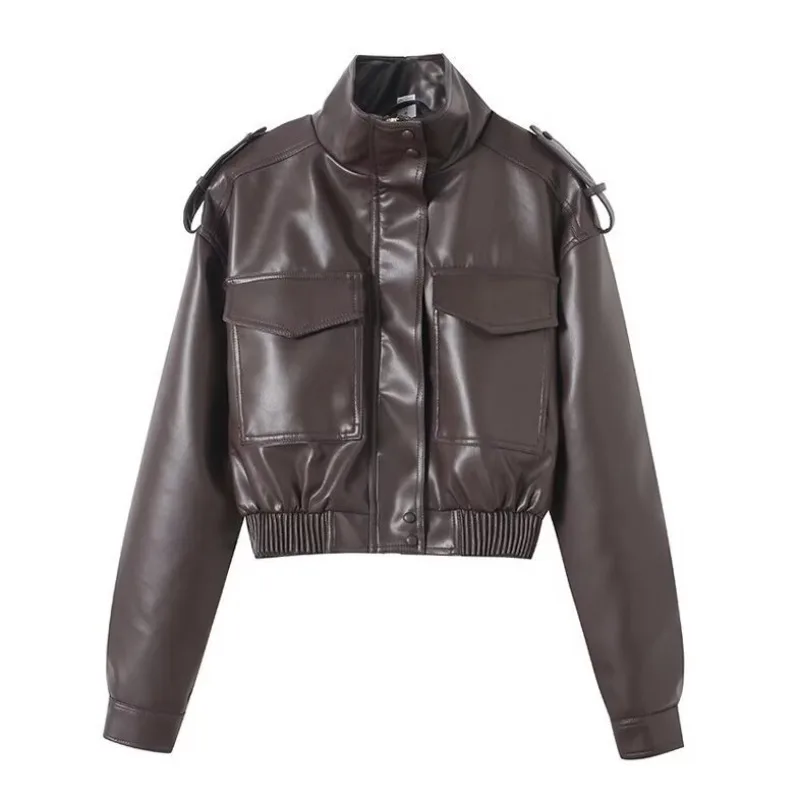 Short Leather Bomber Jackets for Women Vintage PU Leather Jacket Big Pockets Biker Coats Women Clothing Windproof Outerwears