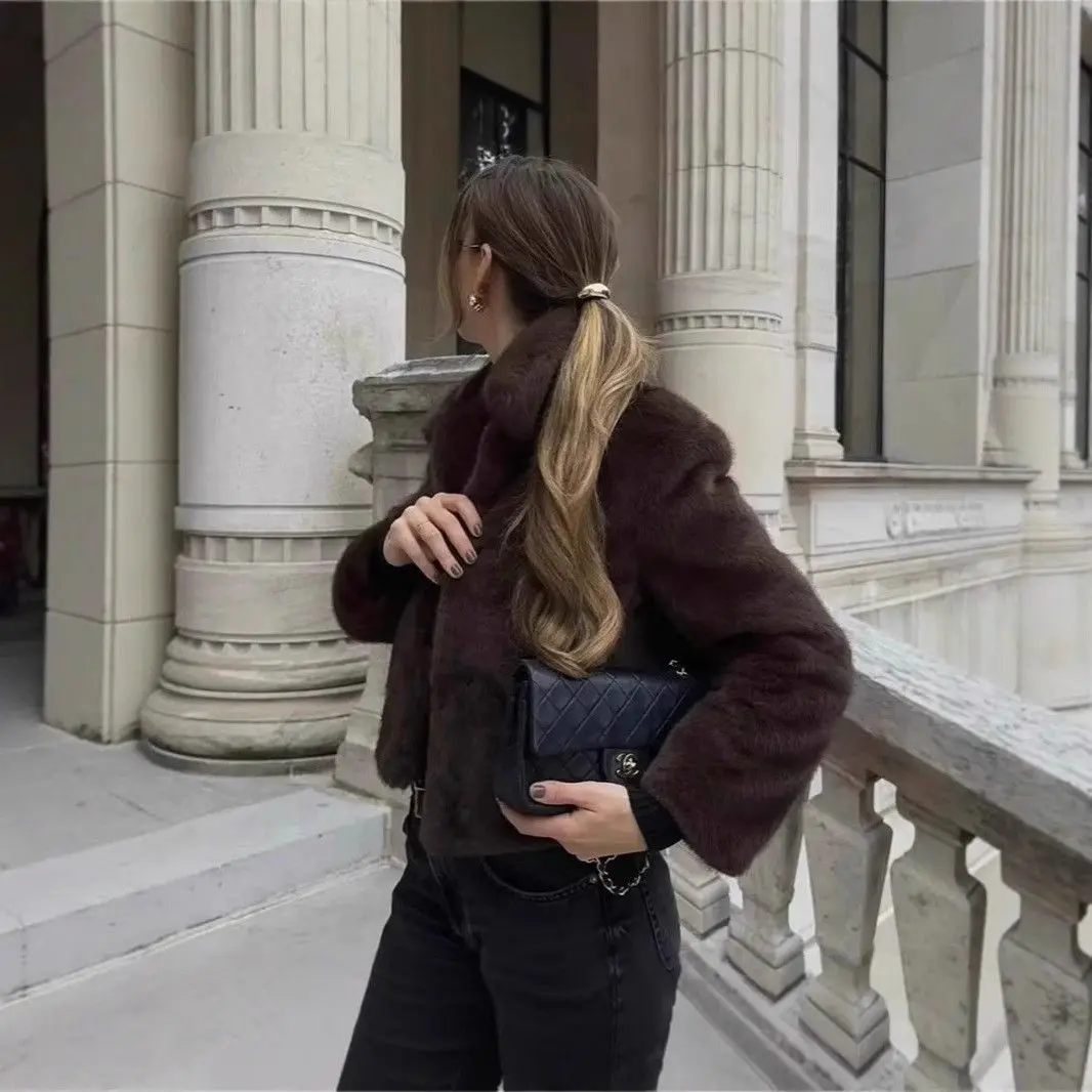 Faionable abrigo de piel marrón con cuello ortopé Jaet mujer Otoño Invierno nueva ropa de cuero Sle cuello largo ortopé abrigo levantado