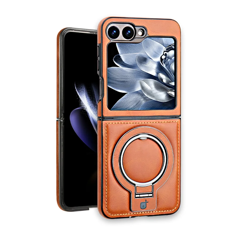 Retro Solid Color Leather Magnetic Charging Flip Phone Cover for Samsung Galaxy Z Flip8 7 6 with Back 180° Rotatable Holder
