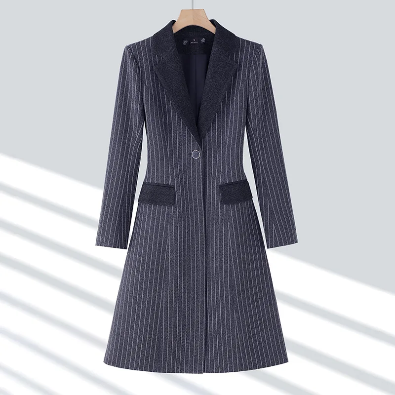 2025Autumn and winter casual fashion women's suit-collar coat, cross-border foreign trade striped trench coat8991