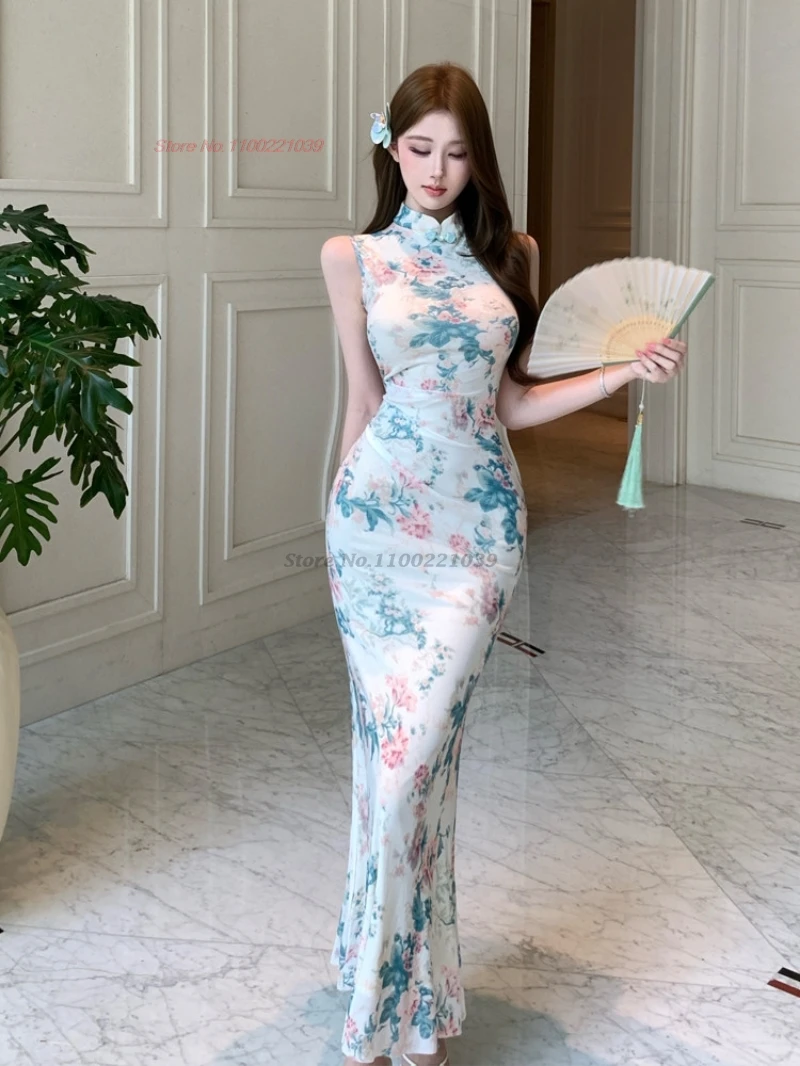 

2026 oriental sexy nightclub dress improved cheongsam traditional flower print sleeveless qipao fishtail dress bodycon dress