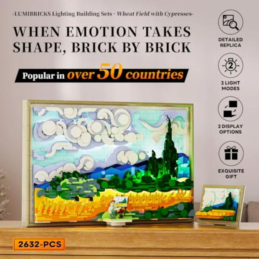

Wheat Field with Cypresses Building Blocks Set with Lights - 3D Wall Art Home Office Decor in Earthy Brown - Interactive Illumi