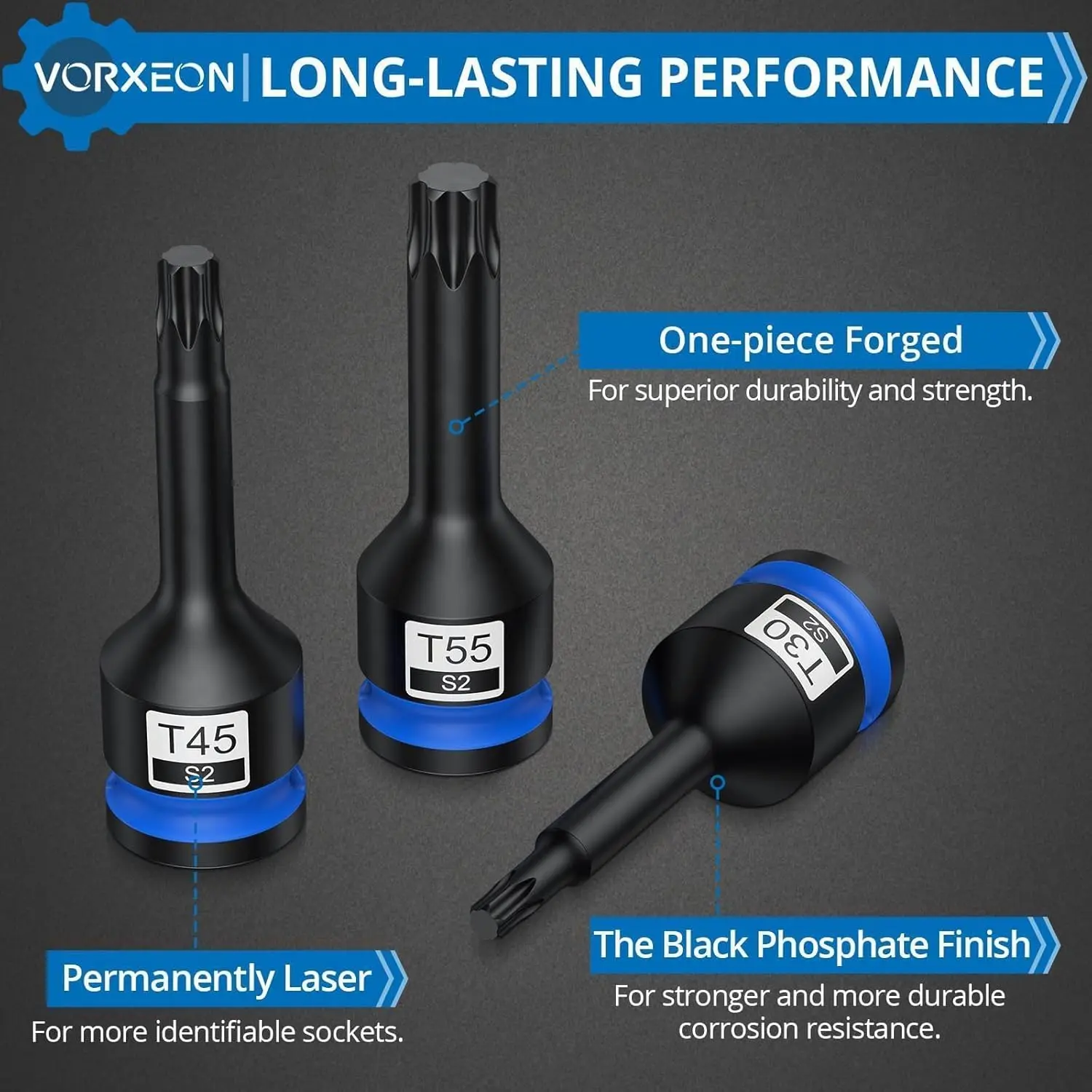 VORXEON Juego de llaves de tubo Torx de 8 piezas de 1/2 pulgadas T30 T40 T45 T50 T55 T60 T70 T80 S2 con caja de almacenamiento