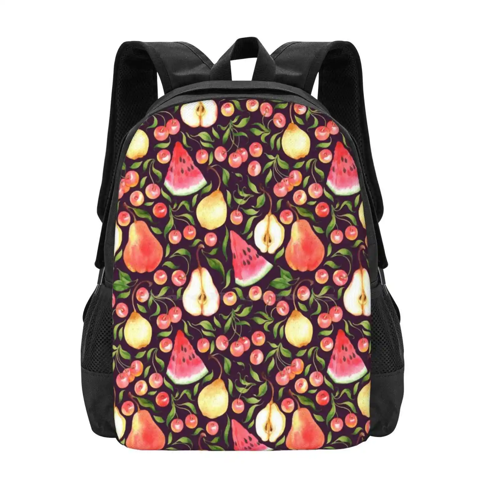 Watercolor Fruits Pattern Design Bag Student's Backpack Watercolor Pattern Fruit Summer Berry Watermelon Pear Cherry