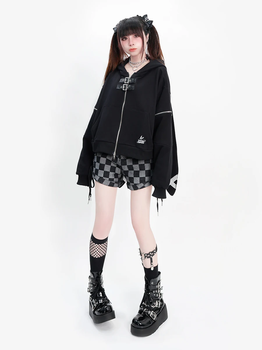 Japanese Street Punk Style Rabbit Ears Hooded Hoodies Tops Long-Sleeve Zipper Pocket Loose Casual Sweatshirt Women Autumn Winter