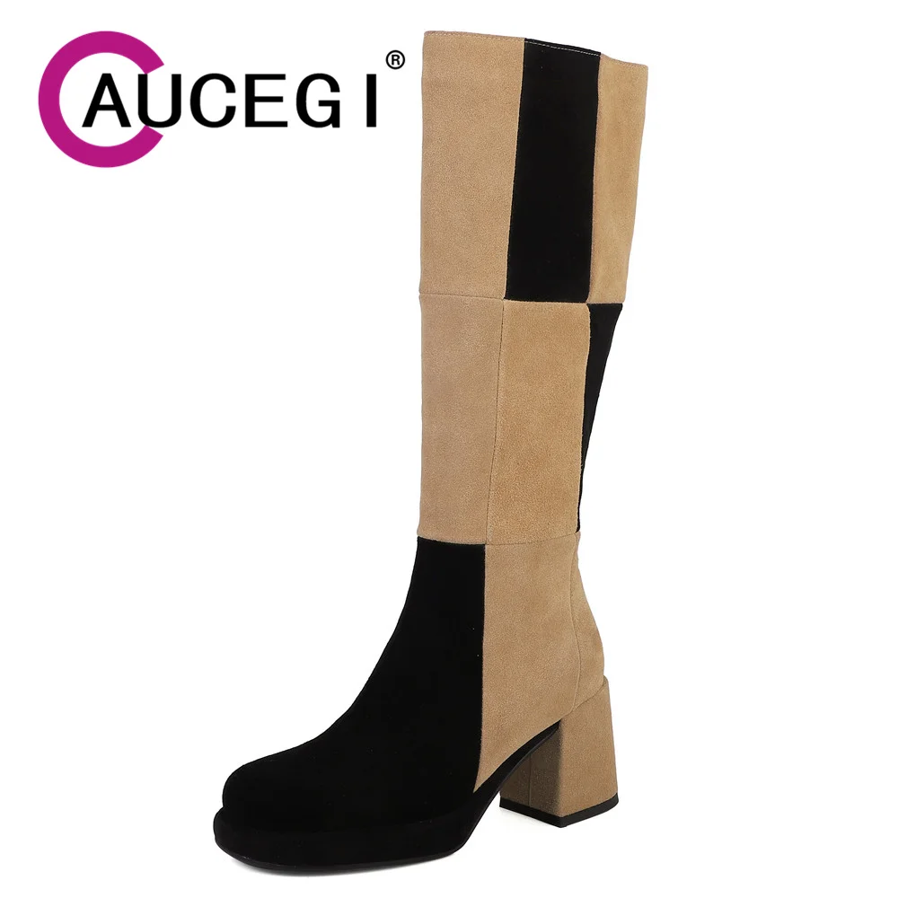 

Aucegi Cow Suede Knee High Boots Patchwork Mixed Color Women Side Zip Fashion Platform Thick Heels Round Toe Autumn Winter Shoes