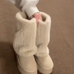 Winter Powerful Snow Boots for Women Trendy Plush Warm Women's Cotton Shoes High Quality Flock Fur Mid-Calf Platform Lady Boots