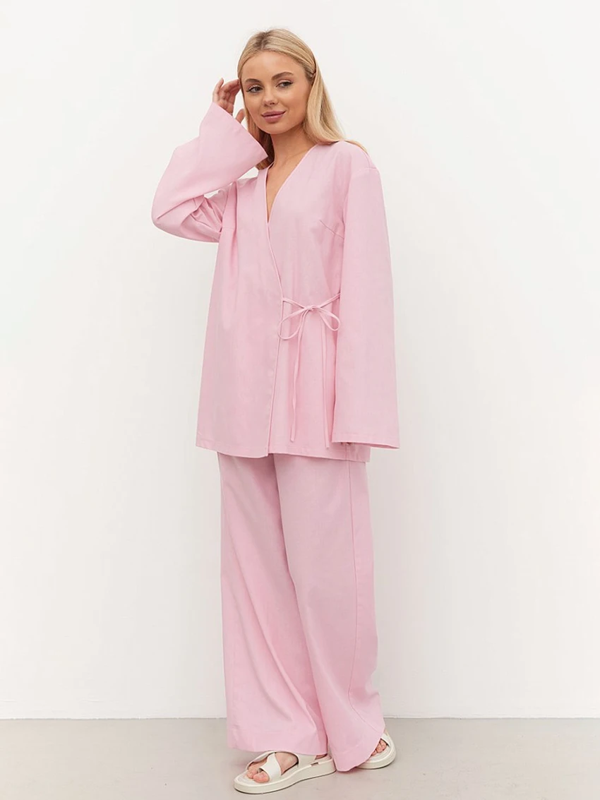 

Marthaqiqi Cotton Women Nightgowns Suit Sexy V-Neck Sleepwear Long Sleeve Nightie Lace Up Pajama Pants Casual Ladies Pyjamas Set
