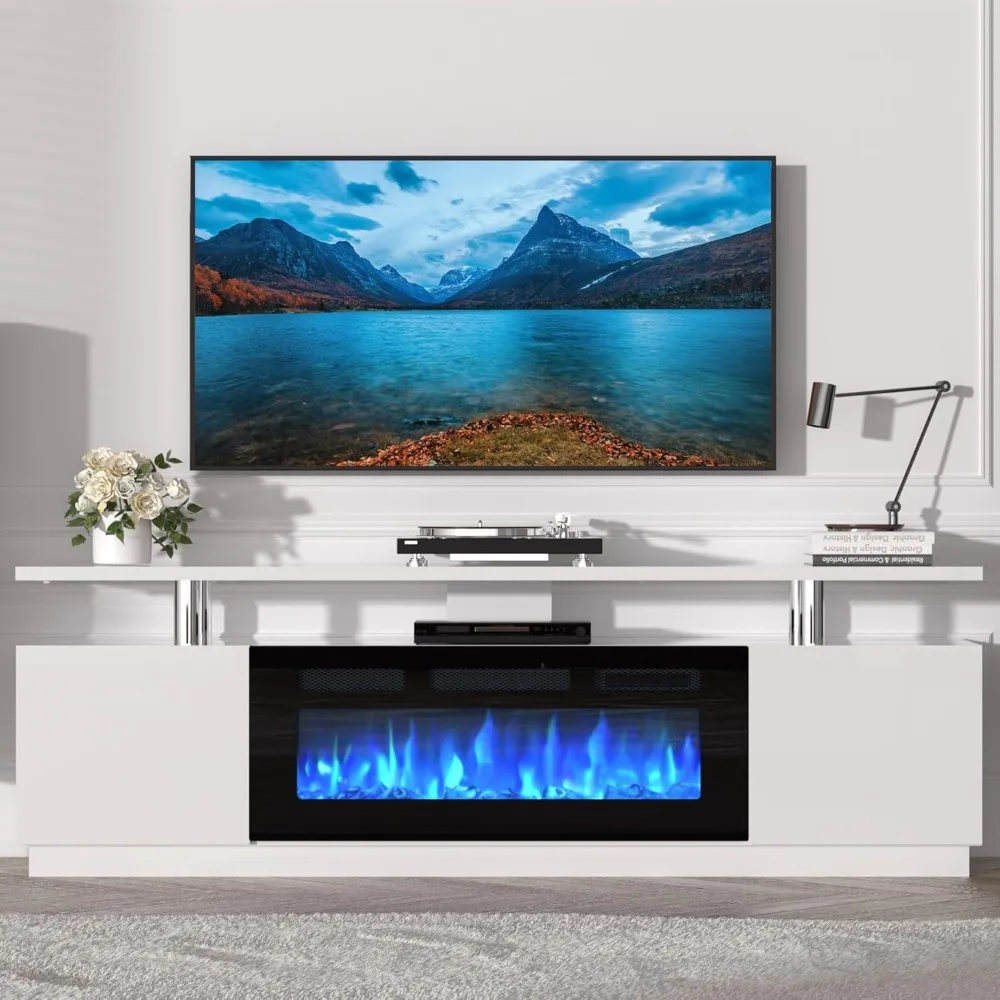 

70 Inch Fireplace TV Stand with 36 Inch Electric Fireplace, 12 Colors LED Lights, 750W/1500W for Max 80 Inch TV, 2 Tier S