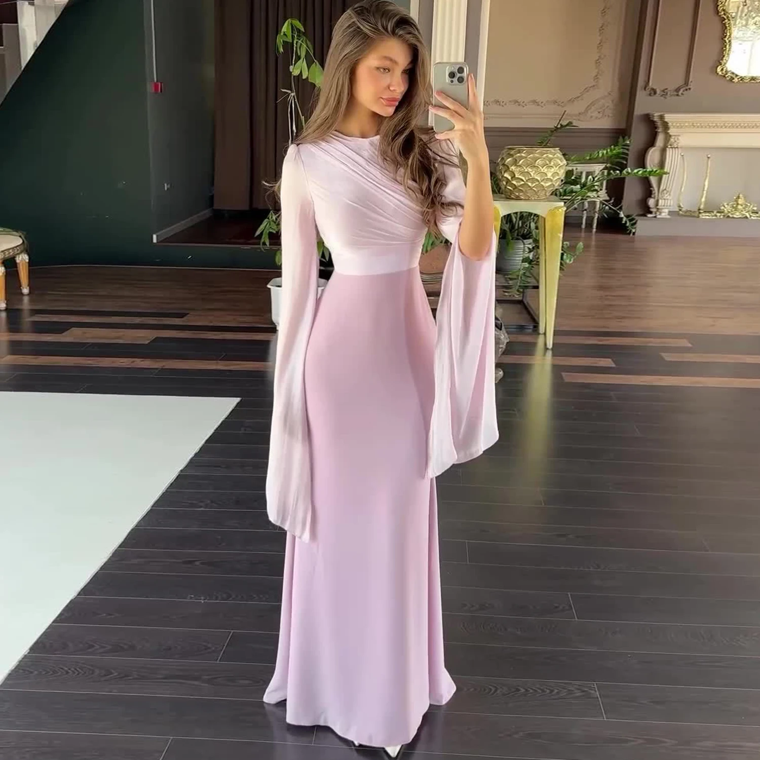 Women Elegant O Neck Swing Sleeve Slim Sheath Folds Mesh Long Dress Spring Summer Party Maxi Dresses