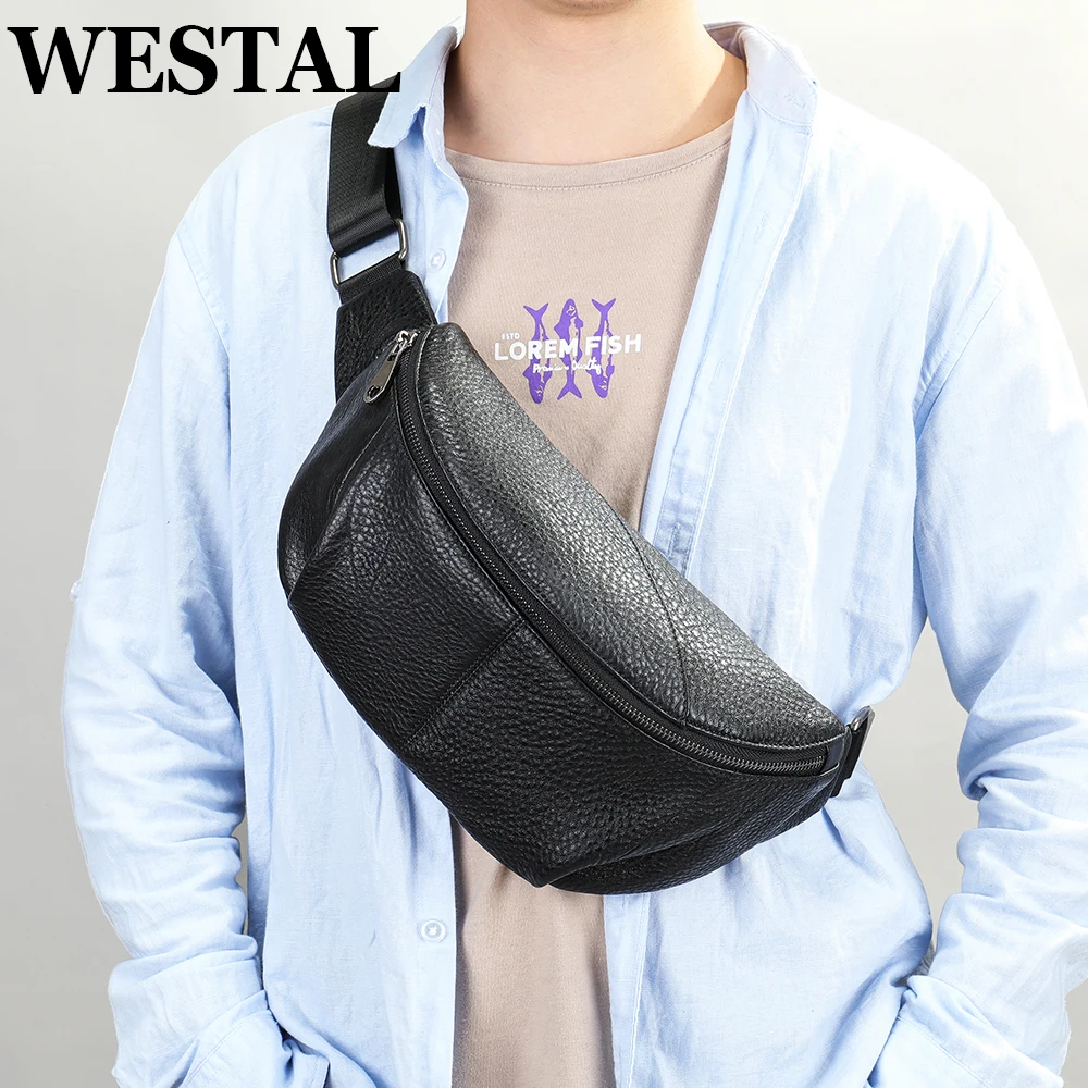 WESTAL Cowhide Men\'s Chest Bag Leather Belt Pouch Fanny Waist Pack 7.9 Inch iPad Shoulder Bag Husband Sling Cross Body Slingback