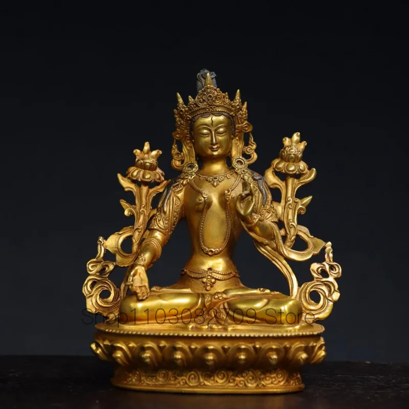 

20cm Nepalese Tibetan ornament Brass gilded green Tara Bodhisattva sitting statue Buddha hall supplies