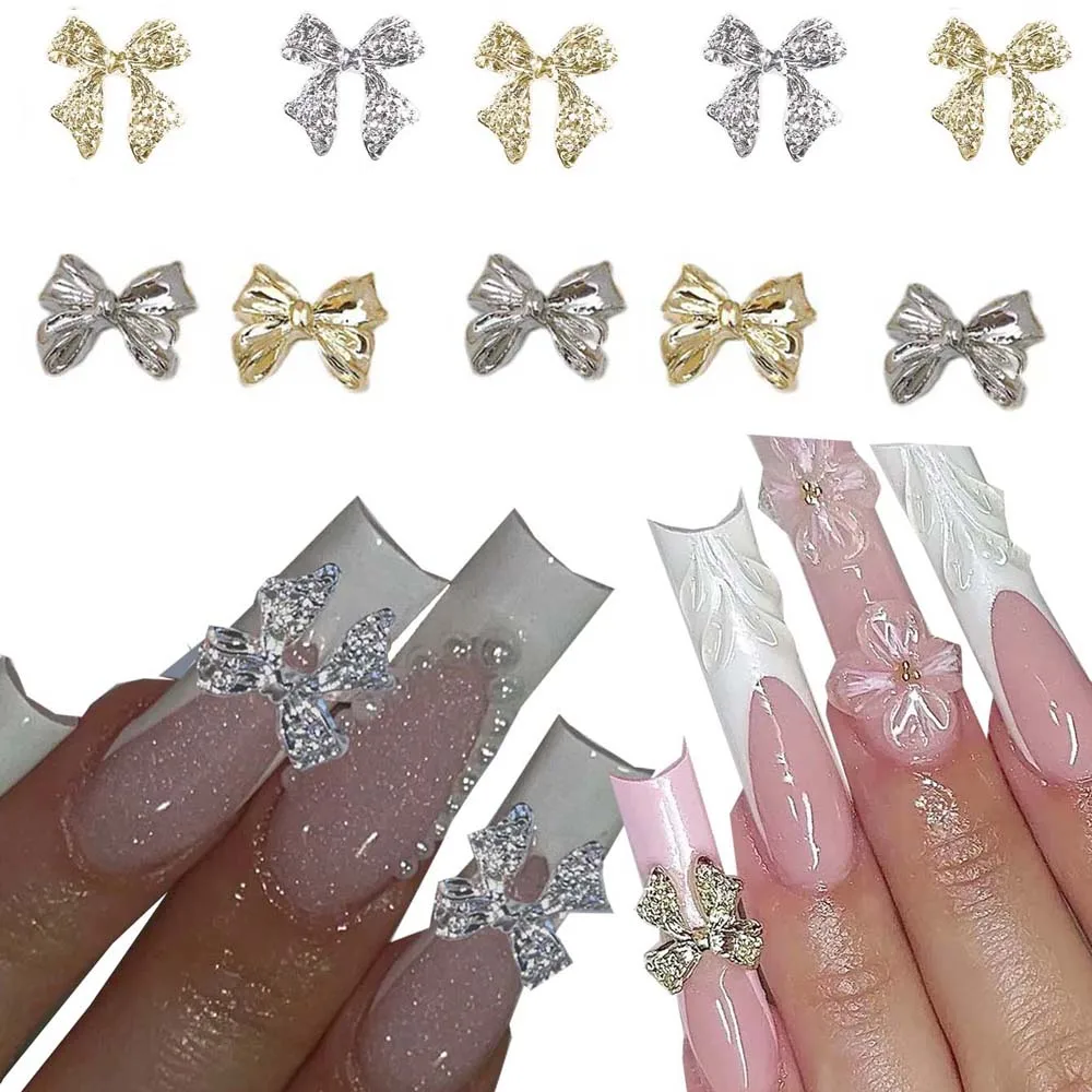 20 piezas lazos de cinta de Metal para decoración de uñas, cinta de lazo dorado/plateado 3D, decoración de uñas DIY Y2K Kawaii, accesorios de manicura