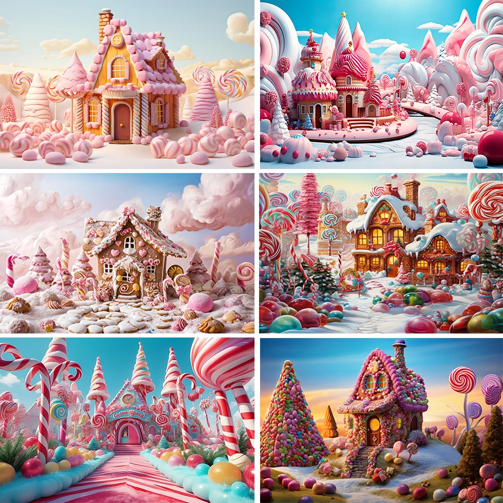 

Pink Candy House Castle Banner Backdrop Custom Sweet Princess Kid Room Birthday Photography Poster Decoration Studio Background