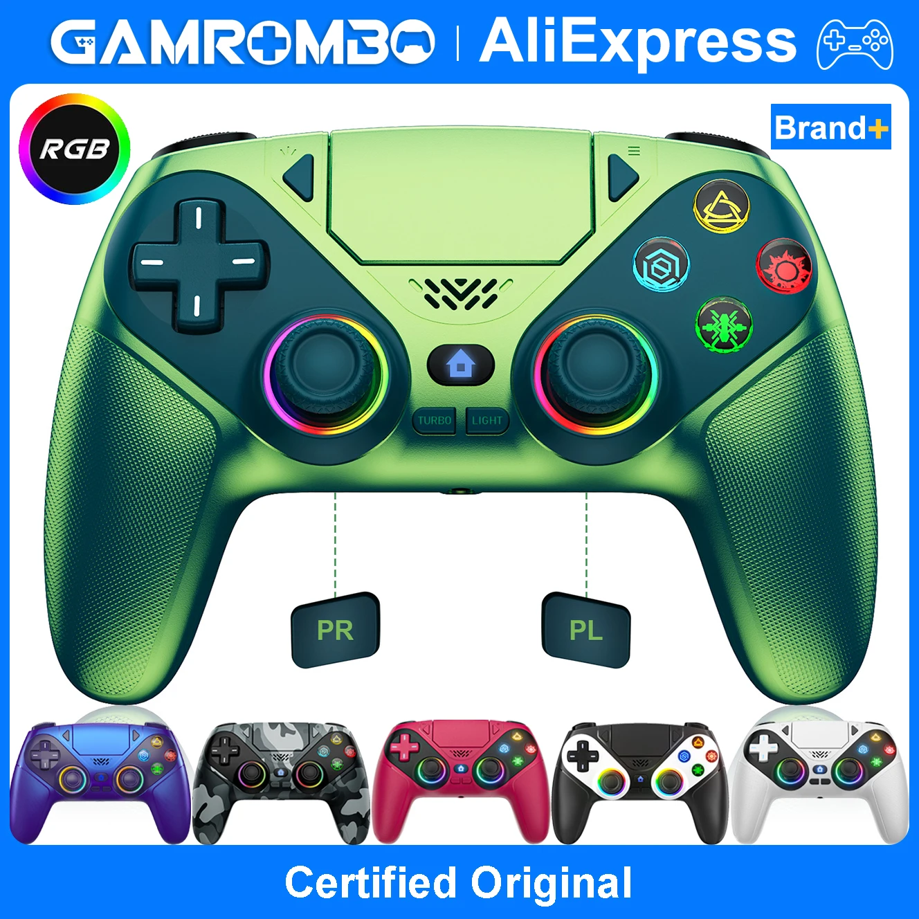 Manette sans fil pour consoles PS5/PS5 Pro/Slim/PC avec lumière RGB, double vibration, fonction Marco/Turbo, prise audio 3,5 mm
