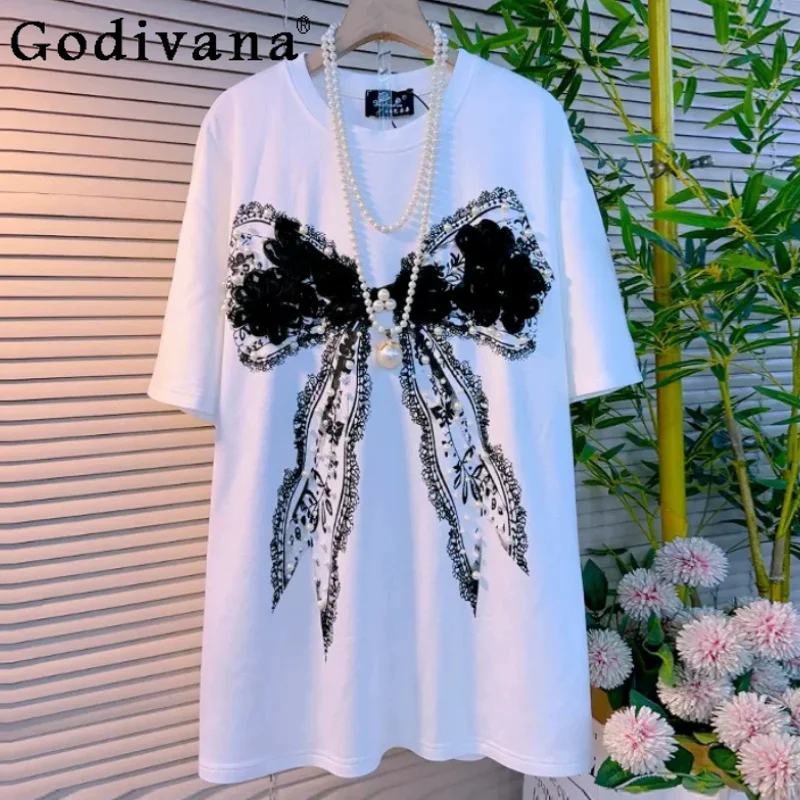 

Large Size New Sweet Lace Bead Bow Short Sleeve Crew Neck Top Fashion Age Reduction Loose Simple Korean Women Summer T-shirts