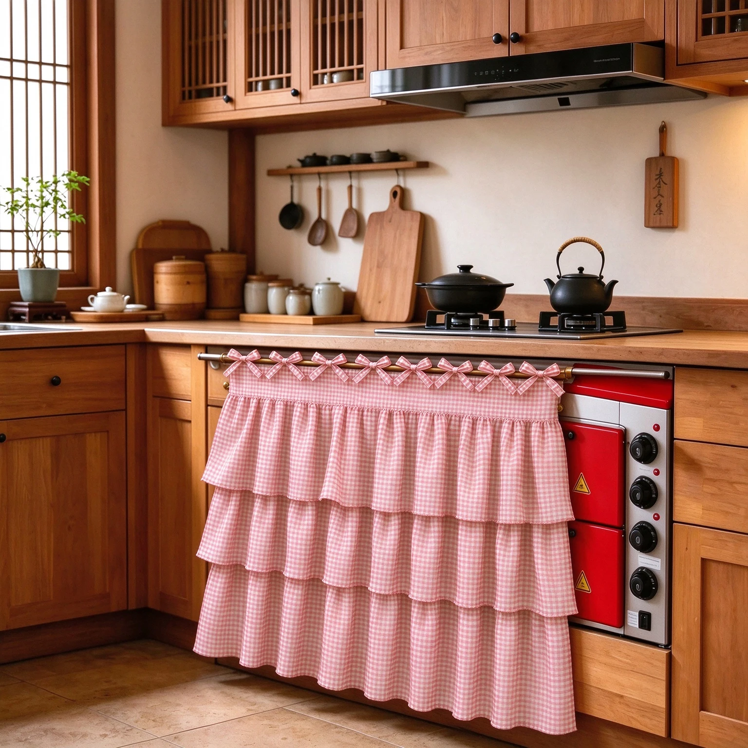 1PC Ruffled Oven Door Curtain with Bow Ties Farmhouse Gingham Kitchen Stove Cover, 3-Tier Decorative Oven Curtain Multiple Color