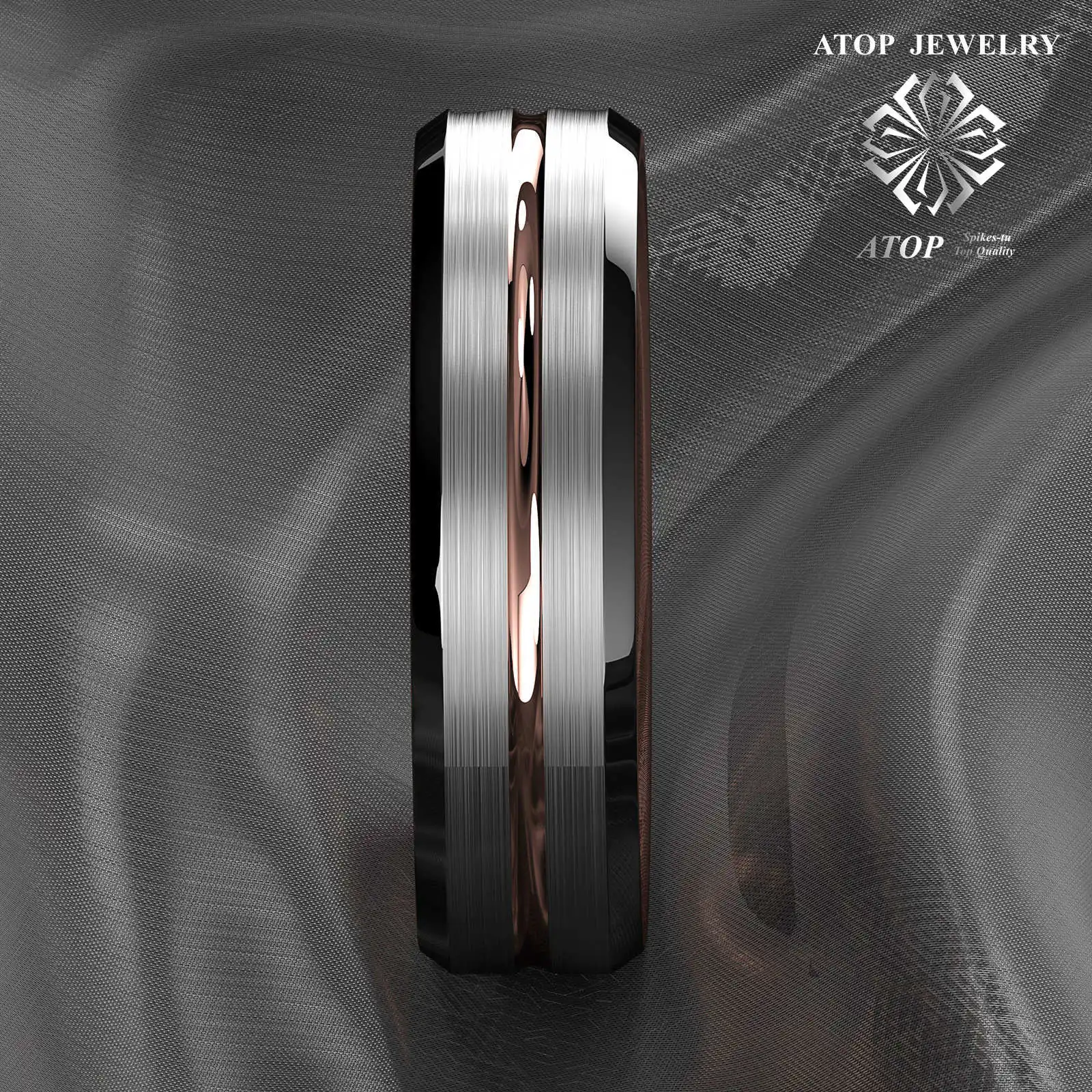 ATOP 6Mm Silver Brushed Black with Rose Gold Men Tungsten Wedding Band Ring