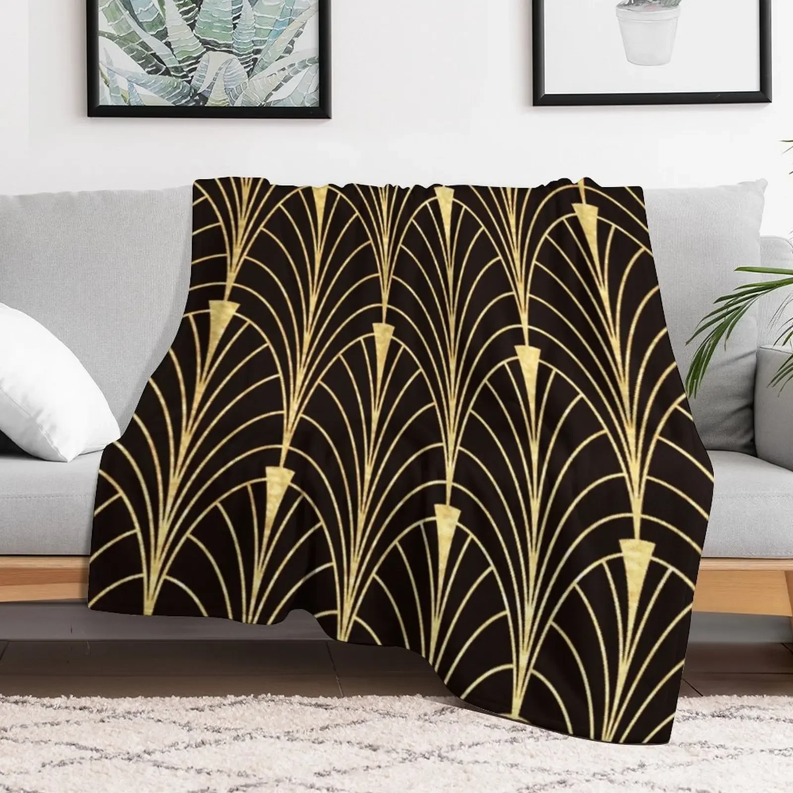 Sophisticated Glitzy (Faux) Gold Art Deco Pattern Throw Blanket Thermal Flannel Camping Blankets