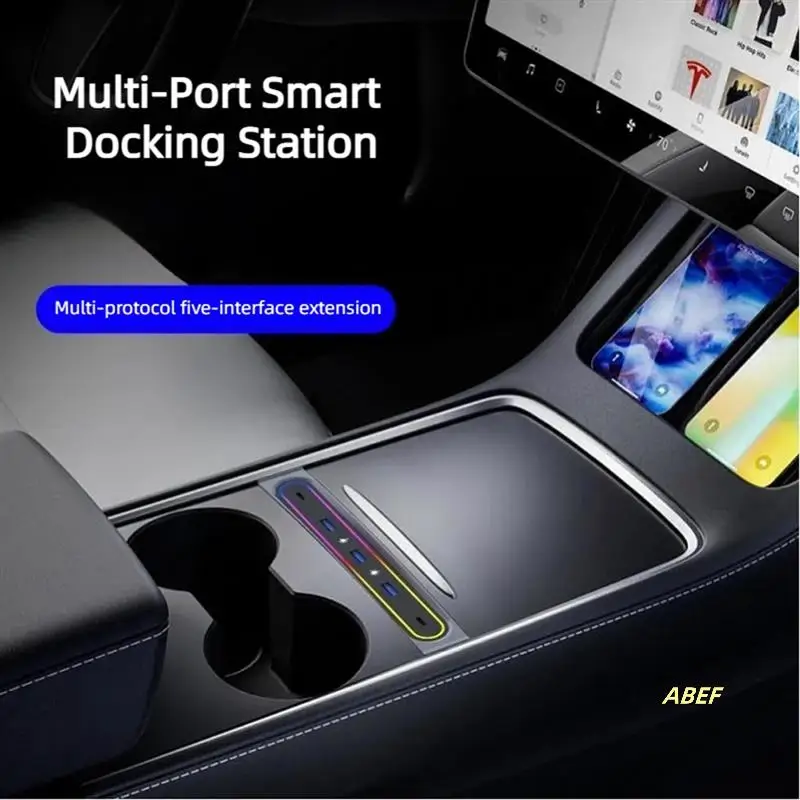 محطة إرساء ذكية لملحقات تسلا موديل Y 2023 موديل 3 5 منافذ 27 وات شاحن سريع مع محور تحويلة أضواء Led