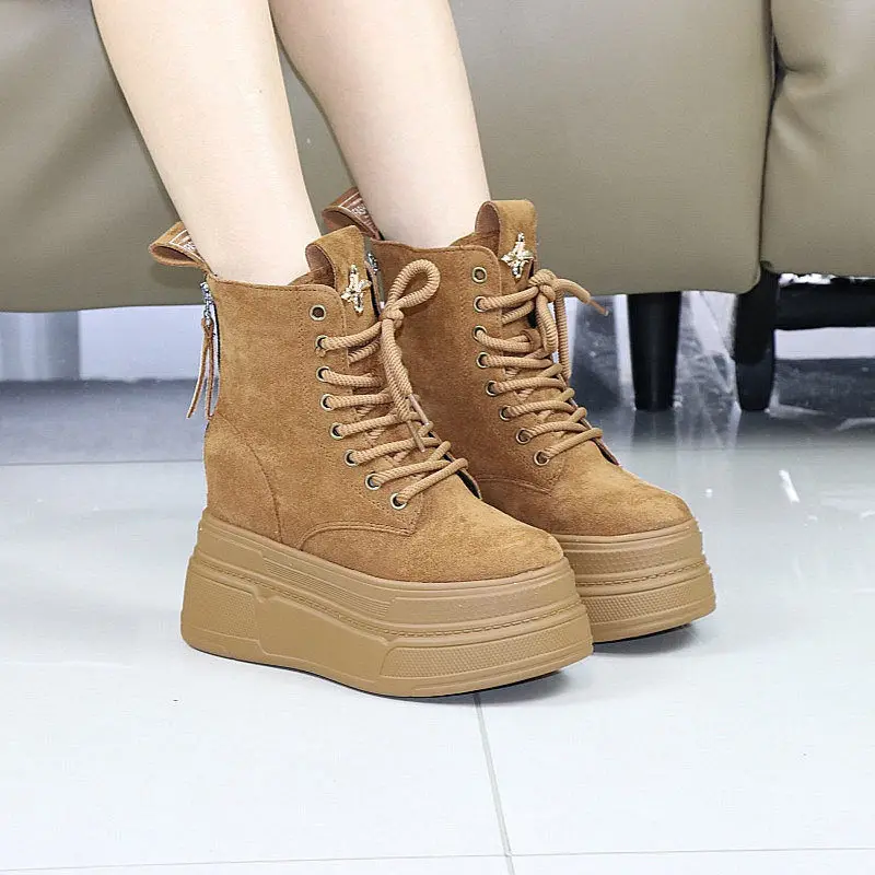 

Модные женские зимние ботинки на толстой подошве с меховой подкладкой, на невидимом каблуке 12 см, стильные платформенные ботильоны