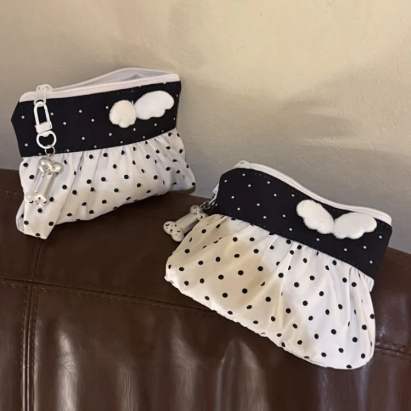 Cute Polka Dot Zipper Pouch With 3D Wing Decor Lightweight Cosmetic Storage Bag Small Coin Purse Mini Earphone Keys Organizer