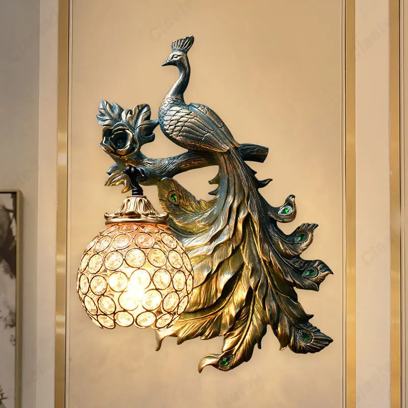 European Retro LED Peacock Wall Lamp Bedroom Bedside Lamp Living Room Background Wall Corridor Decorative Lighting