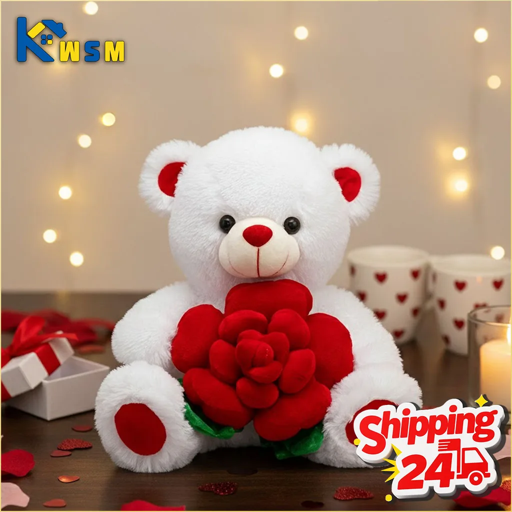 

Valentines Day Bear Holding Rose Plush Toy Stuffed Animal Birthday Present for Girlfriend Wife Romantic Keepsake Home Decor Doll