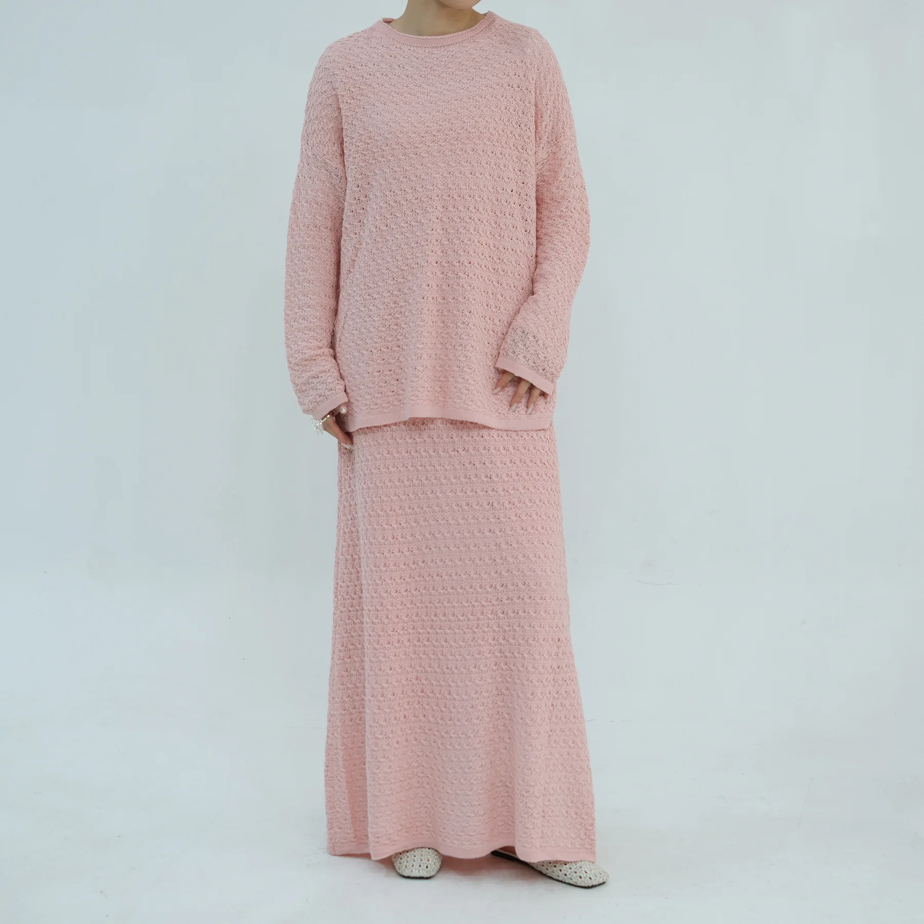 New Women Fall Winter Crochet Knit 2 Piece Set Long Sleeve Sweater Top Blouse Maxi Skirt Casual Islamic Outfit Loose Vestidos