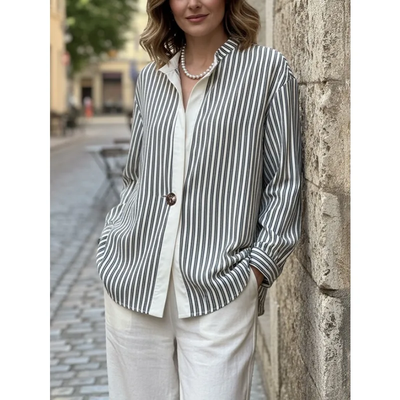 

Tinaa Cotton Blend Women Striped Shirts 2025 Spring Autumn Office Lady Casual Loose Fit Single Button Long Sleeve Blouses 190617
