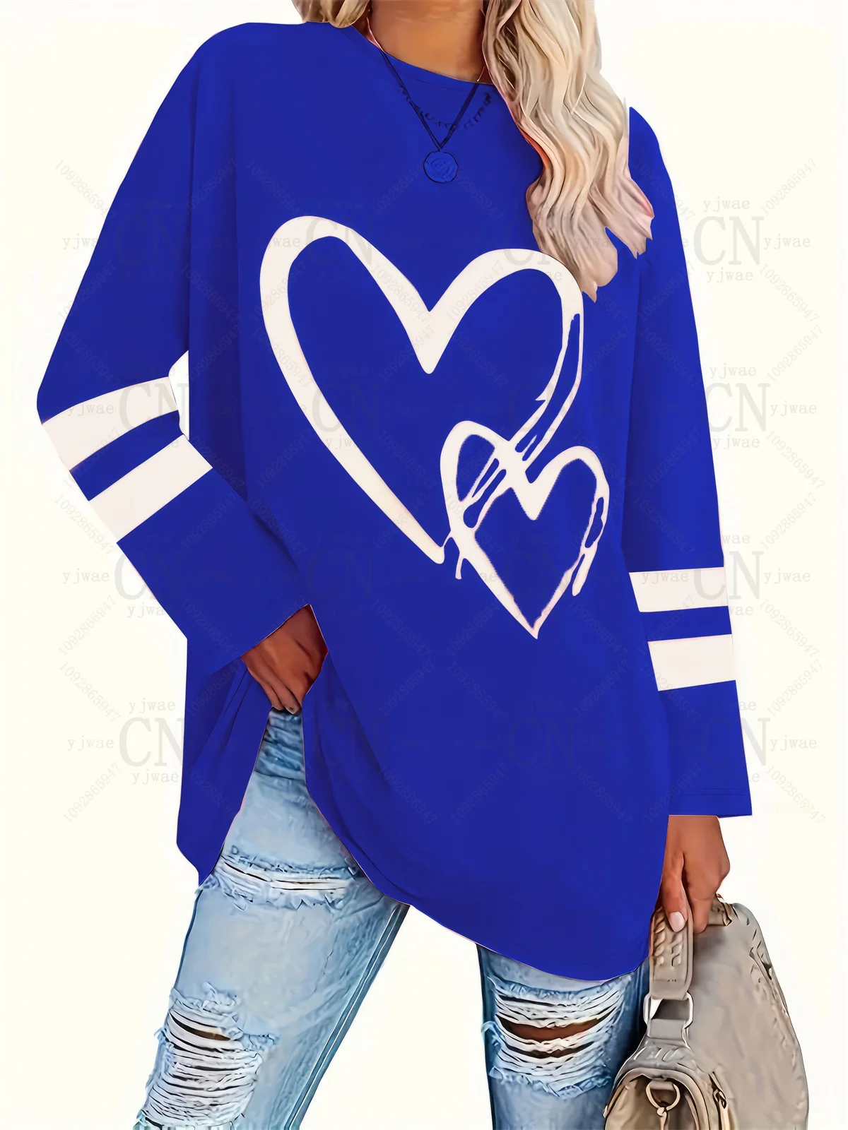 Plus Size Populaire Loszittende Lange Mouw T-shirt met Hartprint Simpele Streetwear Veelzijdige Top Dames Langarm T-shirt