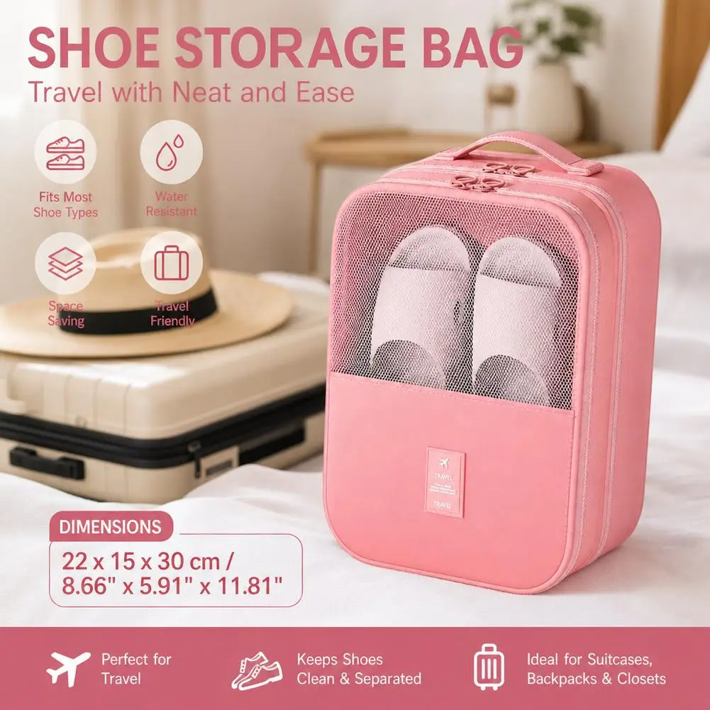 Waterproof Travel Shoe Storage Bag Dual Layer Breathable Mesh Pocket Holds 3 Pairs Sneaker Trolley Sleeve Design Foldable